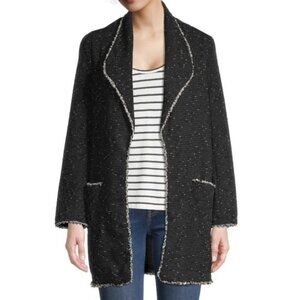 MAX STUDIO Open Front Tweed Jacket Black Cream Blazer Long Cardigan Sweater Work